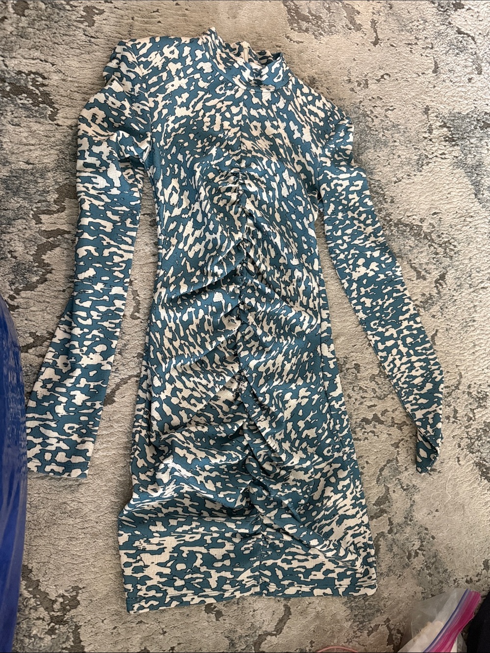 H&M Teal and Cream Ruched Long Sleeve Mini Dress